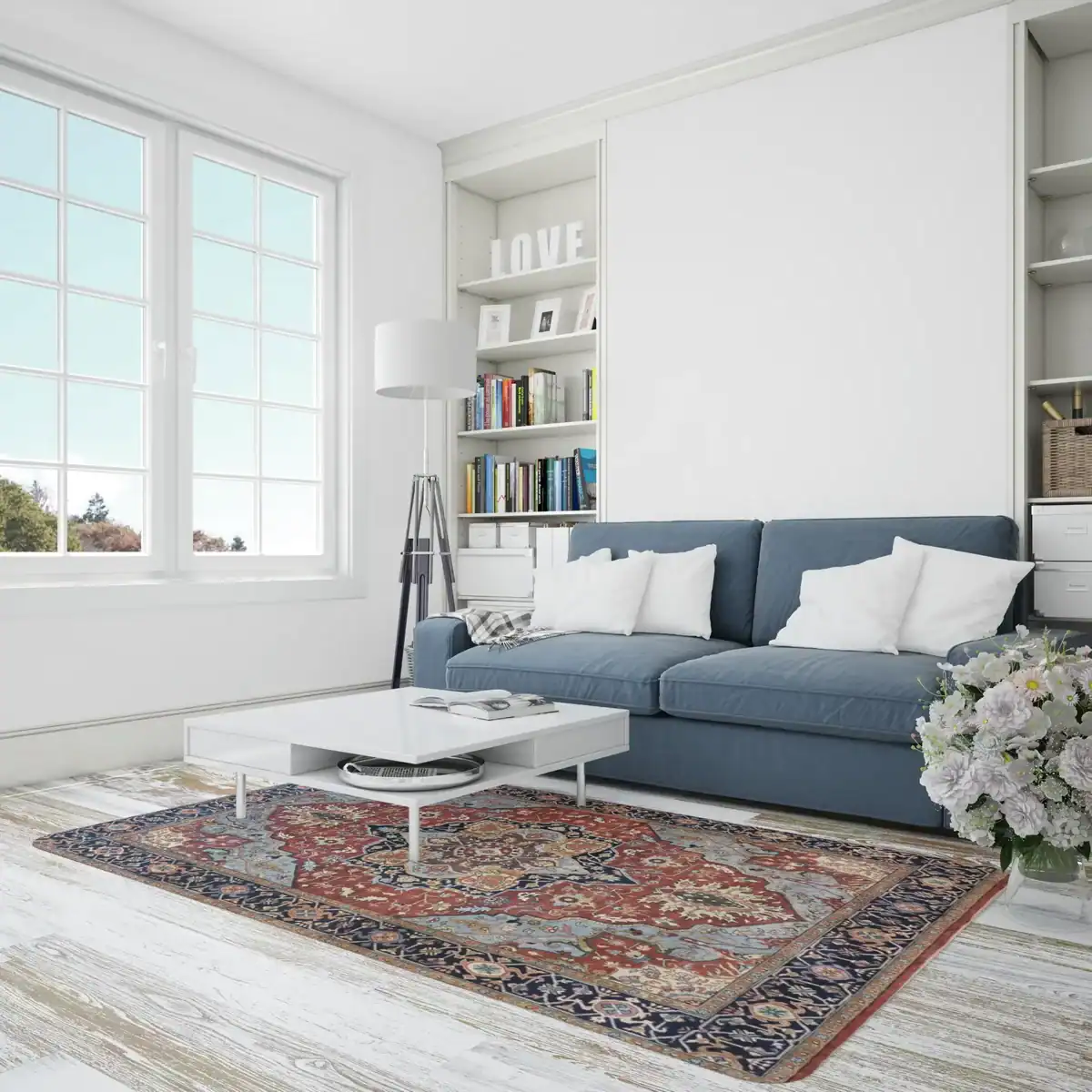 9 x 12 Antique Heriz Indian Wool Area Rug in Living Room - pineville rug gallery - charlotte nc